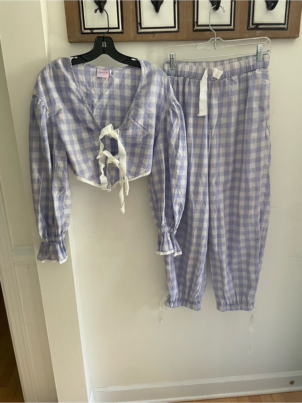 Out from Under Lavender Gingham Pajama Set with Tie-Front Top